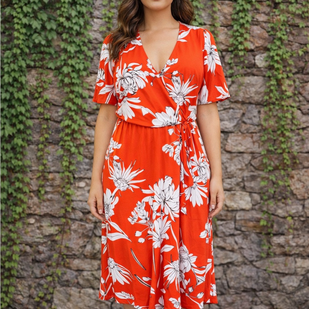 GIRL WITH CURVES Resortwear Botanical Red/Orange Ponte Stretch Dress, 24W